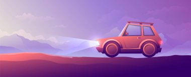 Toprak yol manzaralı şirin çizgi film arabaları. Akşam macerası arka planda dağ manzarası.
