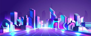 Siber punk şehri arka planında otoyolun vektör neon renkli gradyan çizimi.