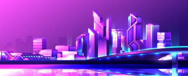 Nöron fütüristik gece şehri. Geniş ekran yatay modern metropol.