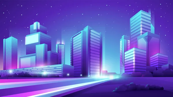 Vektorový Neon Barevný Gradient Ilustrace Krásné Noční Ulice Silnicí Domy — Stockový vektor