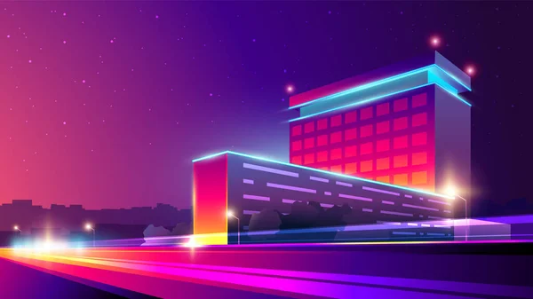 Illustrazione Del Gradiente Neon Vettoriale Edificio Uffici Città Notturna — Vettoriale Stock