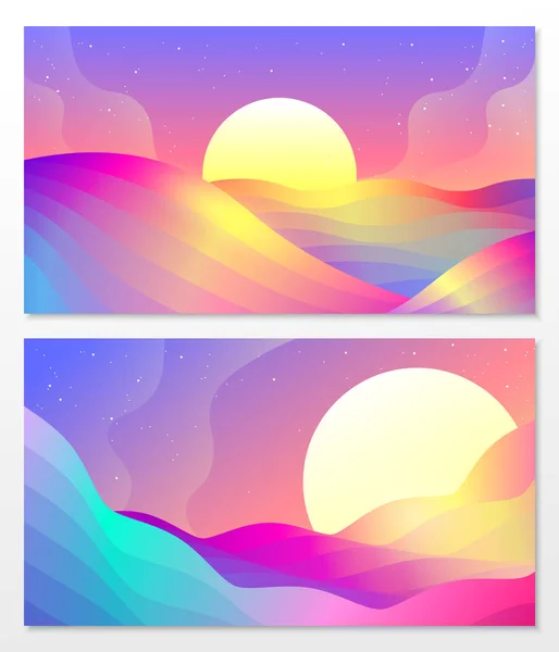 Ilustración Gradiente Colorido Con Sol Olas Atardecer — Vector de stock