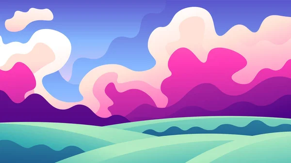 Abstrakte Cartoon Landschaft Mit Wiesen Auf Bunten Sonnenuntergang Wolken Hintergrund — Stockvektor