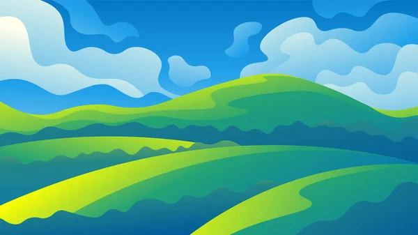 stock vector Beautiful realistic horizontal illustration of green grassy hills on a blue sky background.