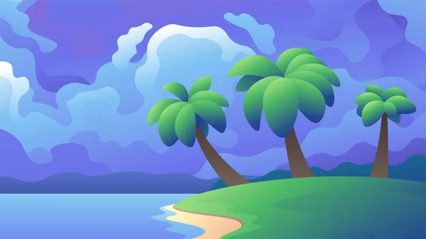 Grüne Insel Mit Palmen Himmel Voller Schwerer Wolken Hintergrund — Stockvektor
