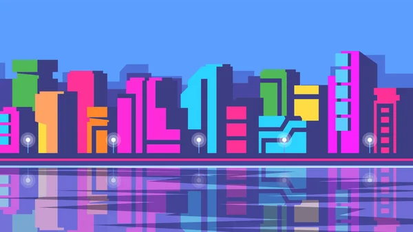 Bright Colorful Metropolis Modern Cyberpunk Skyscraper City River — Stock Vector