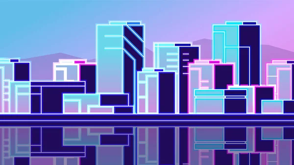 Ljusa Skyskrapor Stadslandskapet Med Modern Neonkontur Metropolis Horisontella Vektor Illustration — Stock vektor