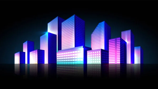 Shining Neon Metropolis Isolated Black Background Cyberpunk Business District Skyscrapers — Stock Vector
