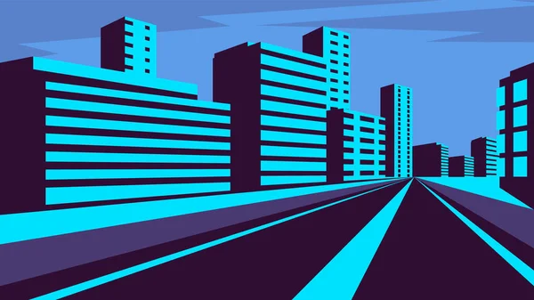 Flache Blaue Bürogebäude Und Leere Straße Durch Die Stadt Abendhimmel — Stockvektor