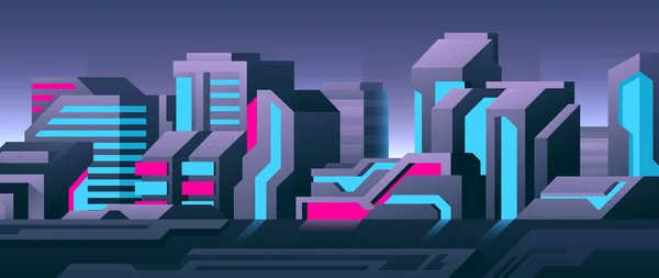 Neonowy Futurystyczny Widok Miasto Wieczorem Cyberpunkowe Drapacze Chmur Nowoczesnym Centrum — Wektor stockowy