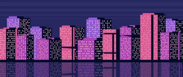 Retro Skyscrapers Illuminated Windows Night City View Horizontal Flat Illustration — Stock Vector