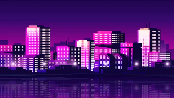 Zářící Noční Starožitná Metropole Horizontální Zobrazení Města Ilustrace Stylu Nostalgické — Stockový vektor
