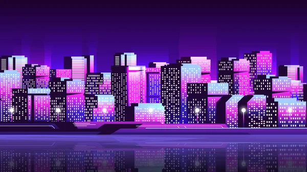 Retro Horisontell Illustration Urban Synthwave Landskap Med Skyskrapor Kvällen — Stock vektor