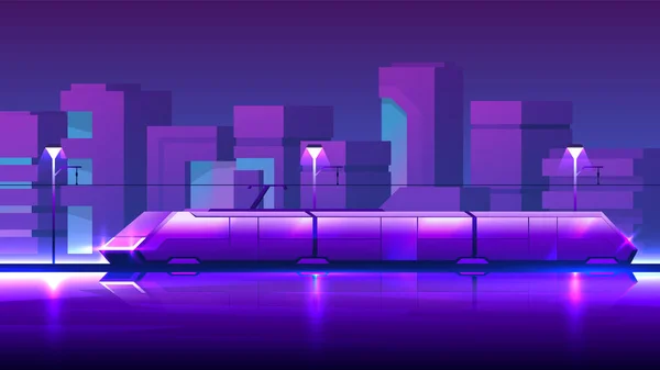 Современный Городской Общественный Транспорт Сияющий Трамвай Проезжает Вечернему Городу — стоковый вектор