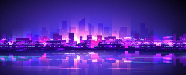 Purple Brilhando Metrópole Cyberpunk Estilo Retro Fundo Escuro Widescreen Cidade — Vetor de Stock