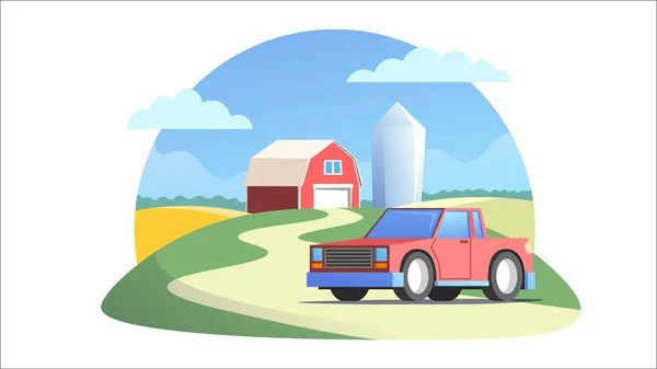 レトロな赤いピックアップトラックは サイロと納屋の背景に立っています 白い背景に隔離された農業景観の紋章 — ストックベクタ
