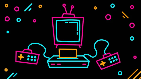 Neon Conturează Computerul Consola Jocuri Izolate Fundal Negru Retro Gaming — Vector de stoc