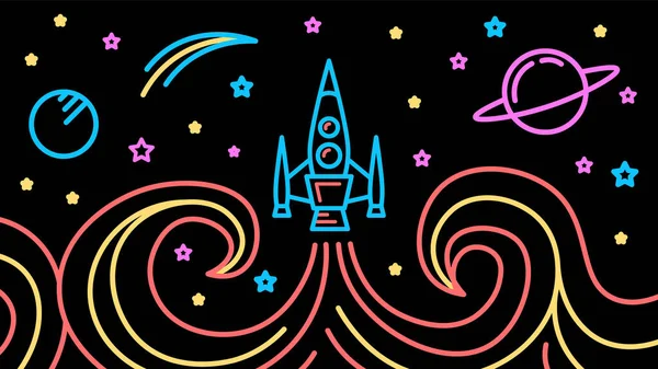 Футуристическая Иллюстрация Вселенной Неоновые Каракули Поднимаются Космические Объекты Черном Фоне — стоковый вектор