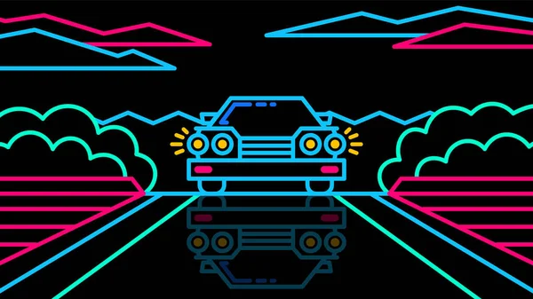 轿车在前方的公路上行驶 复古游戏80年代风格的黑人背景霓虹灯景观 — 图库矢量图片