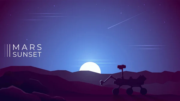 Mars Rover Σιλουέτα Στέκεται Στο Μπλε Ηλιοβασίλεμα Πλανήτη Άρη Φόντο — Διανυσματικό Αρχείο