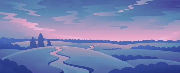 Abendlicher Blick Auf Die Hügel Bei Sonnenuntergang Horizontale Breitbild Illustration — Stockvektor