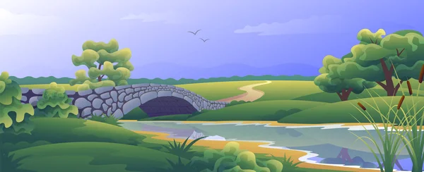 草原地区的夏季水景 河上的石桥 — 图库矢量图片