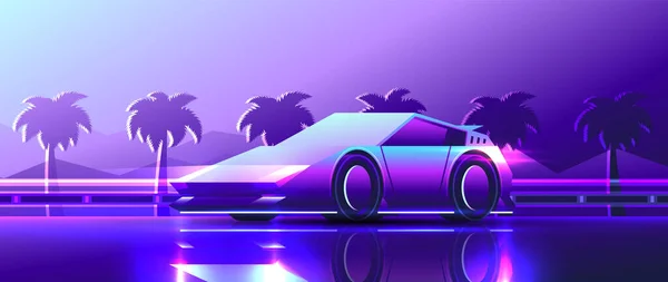 Krásné Světlé Superauto Jedoucí Podél Pláže Letoviska Neon Night Cyberpunk — Stockový vektor