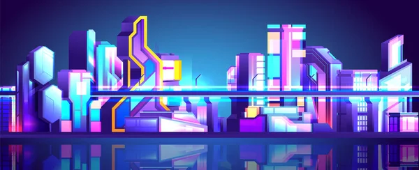 Neon Cyberpunk Ville Futur Nuit Brillant Gratte Ciel Bâtiments Vue — Image vectorielle