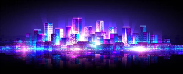 Bunte Neonfarbene Metropollandschaft Horizontale Breitbild Illustration Der Nächtlichen Stadt — Stockvektor