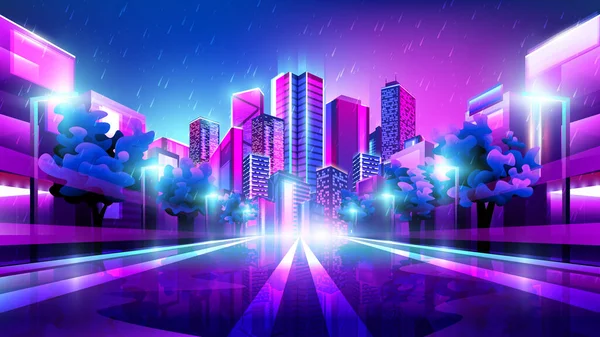 Nacht Neon Regenachtige Weg Glanzende Metropool Achtergrond — Stockvector