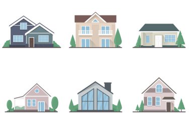 Set of vector one-storey and two-storey isolated flat private houses on a white background with trees clipart