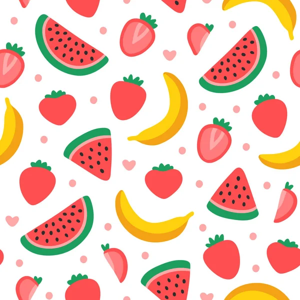 Sappige Banaan Aardbei Watermeloen Een Witte Achtergrond Helder Fruit Plat — Stockvector