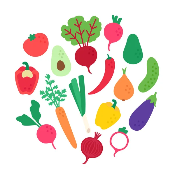 Επίπεδη Σειρά Λαχανικών Κυκλική Σύνθεση Απλή Απεικόνιση Φρέσκου Φαγητού Λευκό — Διανυσματικό Αρχείο