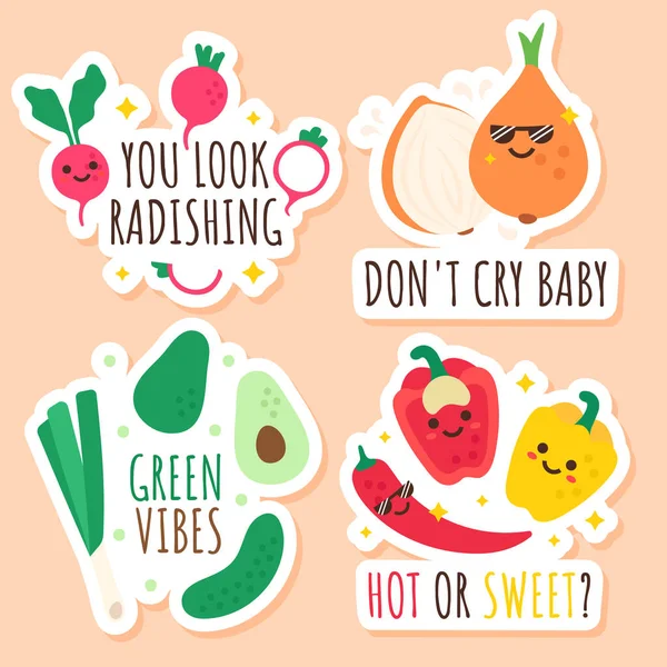 Αστεία Λαχανικά Και Φρούτα Χαρακτήρες Φράσεις Συλλογή Μεμονωμένων Αυτοκόλλητων Ραπανάκι — Διανυσματικό Αρχείο