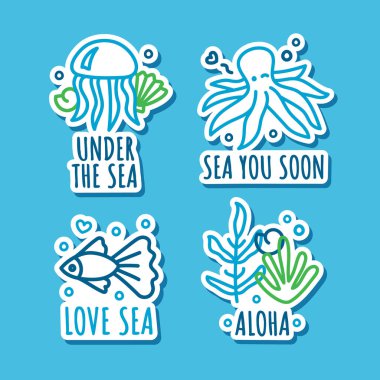 Üzerinde deniz hayvanları ve bitkiler olan şirin çıkartmalar karala. Ana hatları denizanası, ahtapot, deniz yosunu.... 