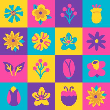 Çiçeksiz desen yama işi tarzında. Soyut parlak el çizilmiş çiçek koleksiyonu.