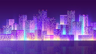 Parlak neon gece şehri. Siberpunk Metropolis 'in yatay pankartıyla.