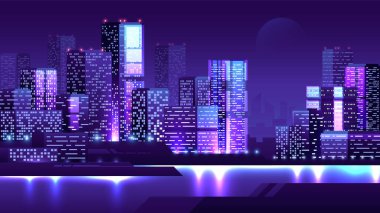 Gelecekçi siber punk şehir merkezi. Modern gökdelenler gece yatay peyzaj inşa ediyor.