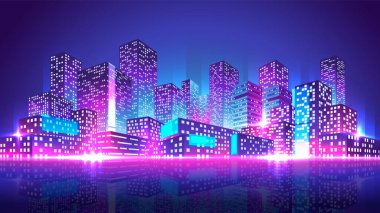 Parlak neon büyükşehir yatay çizimi. Gökdelenleri olan gece şehri perspektifte binalar.
