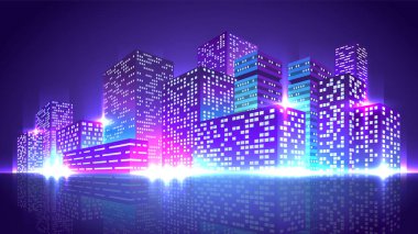 İlerici gökdelenler perspektifte inşa ediliyor. Gece modern neon şehir izole.