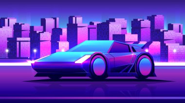 Geleceğin lüks arabası, metropolün arka planında yatay resimde duruyor..