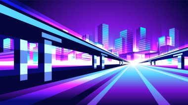 Modern gece şehrine giden Cyberpunk otoyolu. Gelecekçi neon düz yol yatay illüstrasyonuName.