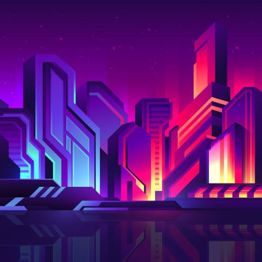 Geceleri soyut fütüristik şehir. Mavi ve pembe neon renkli siber punk gökdelenler..