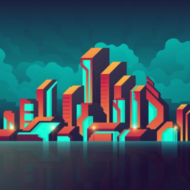 Geleceğin modern şehri. Parlayan neon camlı şehir manzaralı soyut ofis binası.