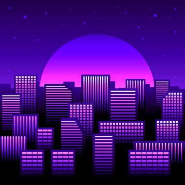 Retro 80 'lerin şehir illüstrasyonu. Neon gökdelenlerin üzerinde gün batımı. Gece hayatı retro dalgası.