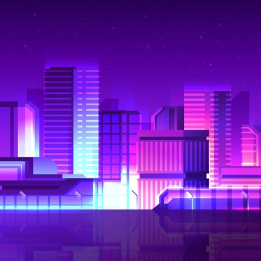 Neon renklerle güzel bir siber punk şehri. Modern fütürist gökdelen.