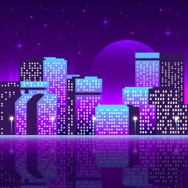 Karanlık arka planda 90 'lı yılların gece binaları olan modern soyut poster.