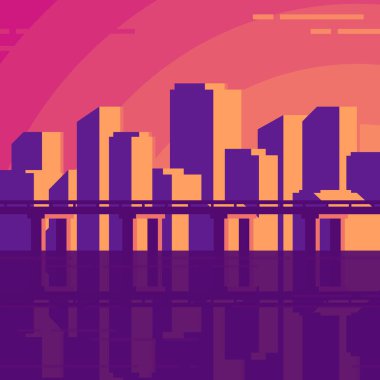 Akşamları, arka planda soyut şehir. Düz stil resimli parlak modern yüksek katlı binalar.