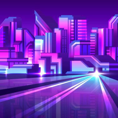 Mor siber punk gece caddesi. Esmer arka planda modern tarzda. Siber gelecekçi teknoloji.