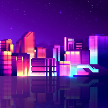 Geceleri parlak siber punk şehri. Karanlık fütürist modern neon arkaplan.